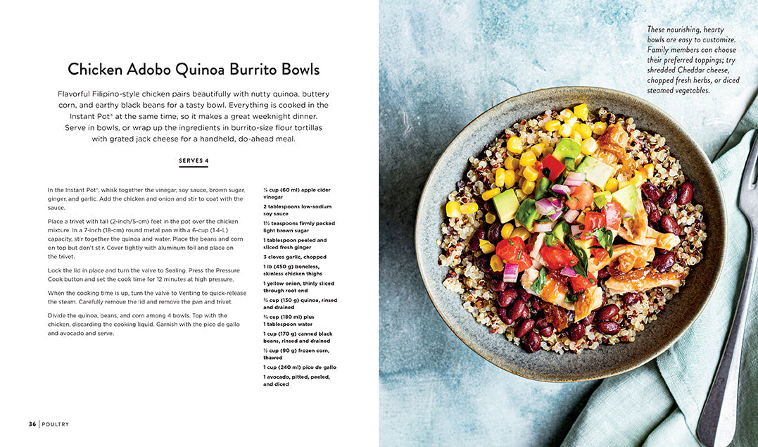 Hardcover book titled "Instant Pot Family Meals" by Insight Editions, featuring colorful pages and meal recipes.