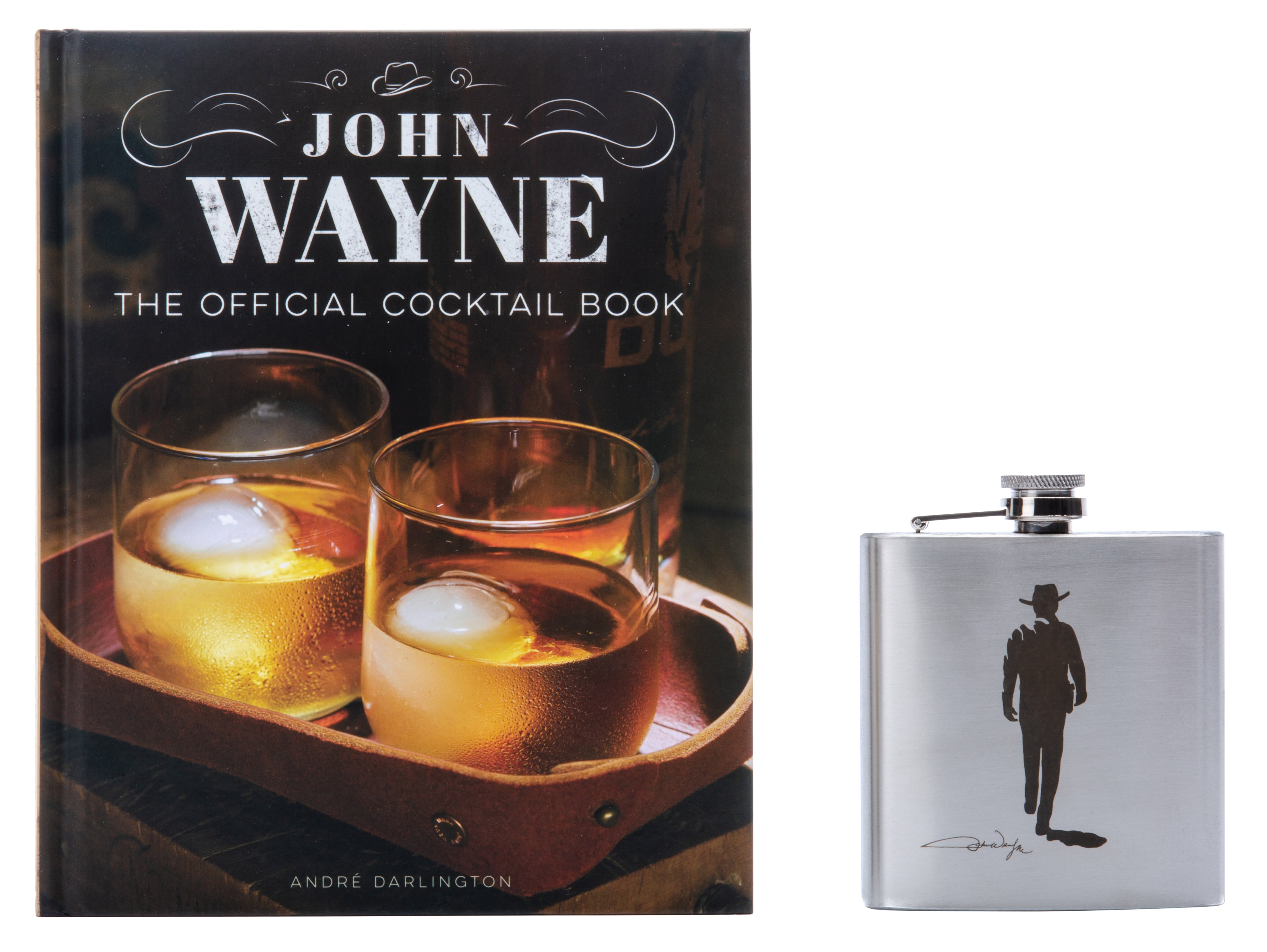 Hardcover of John Wayne: The Official Cocktail Book Gift Set by Insight Editions, featuring a whiskey glass and cocktail recipes.