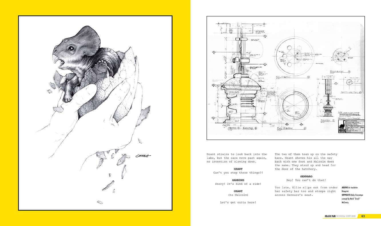 Hardcover of Jurassic Park: The Official Script Book by Insight Editions, featuring detailed pages from the iconic film screenplay.