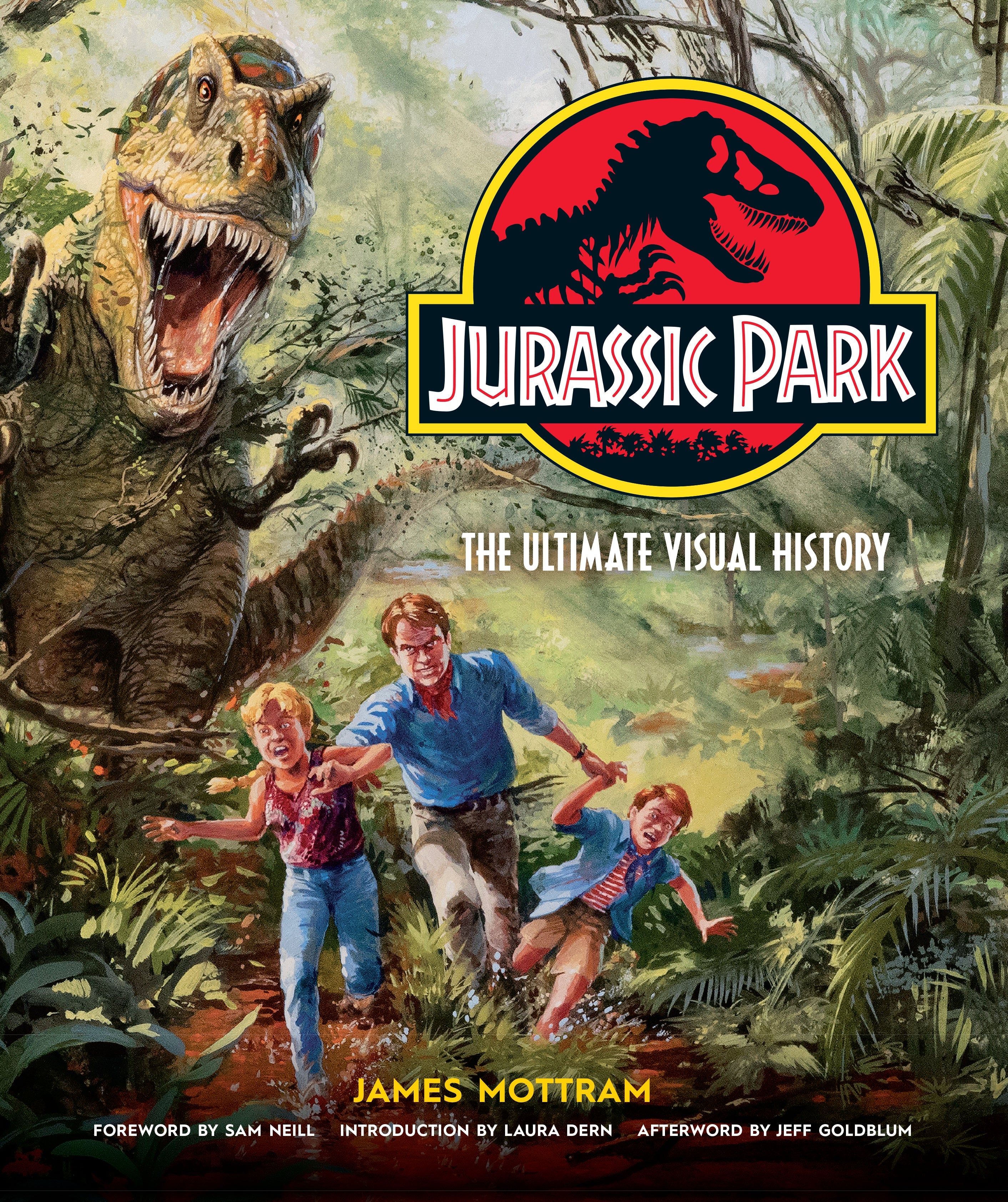 Hardcover book titled "Jurassic Park: The Ultimate Visual History" by Insight Editions, featuring detailed dinosaur illustrations and cover art.