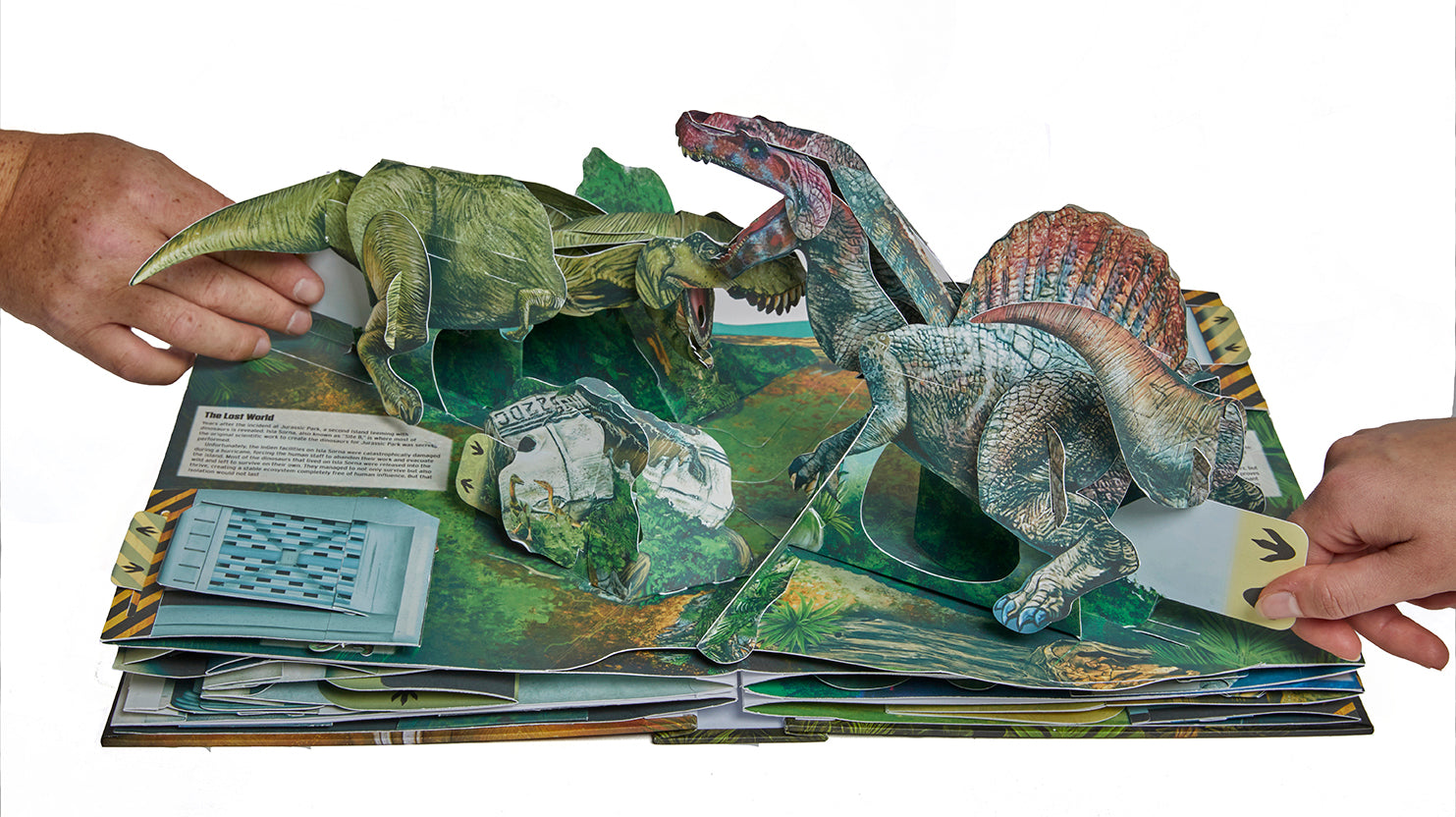 Hardcover of Jurassic World: The Ultimate Pop-Up Book by Insight Editions, showing colorful dinosaur pop-up pages.