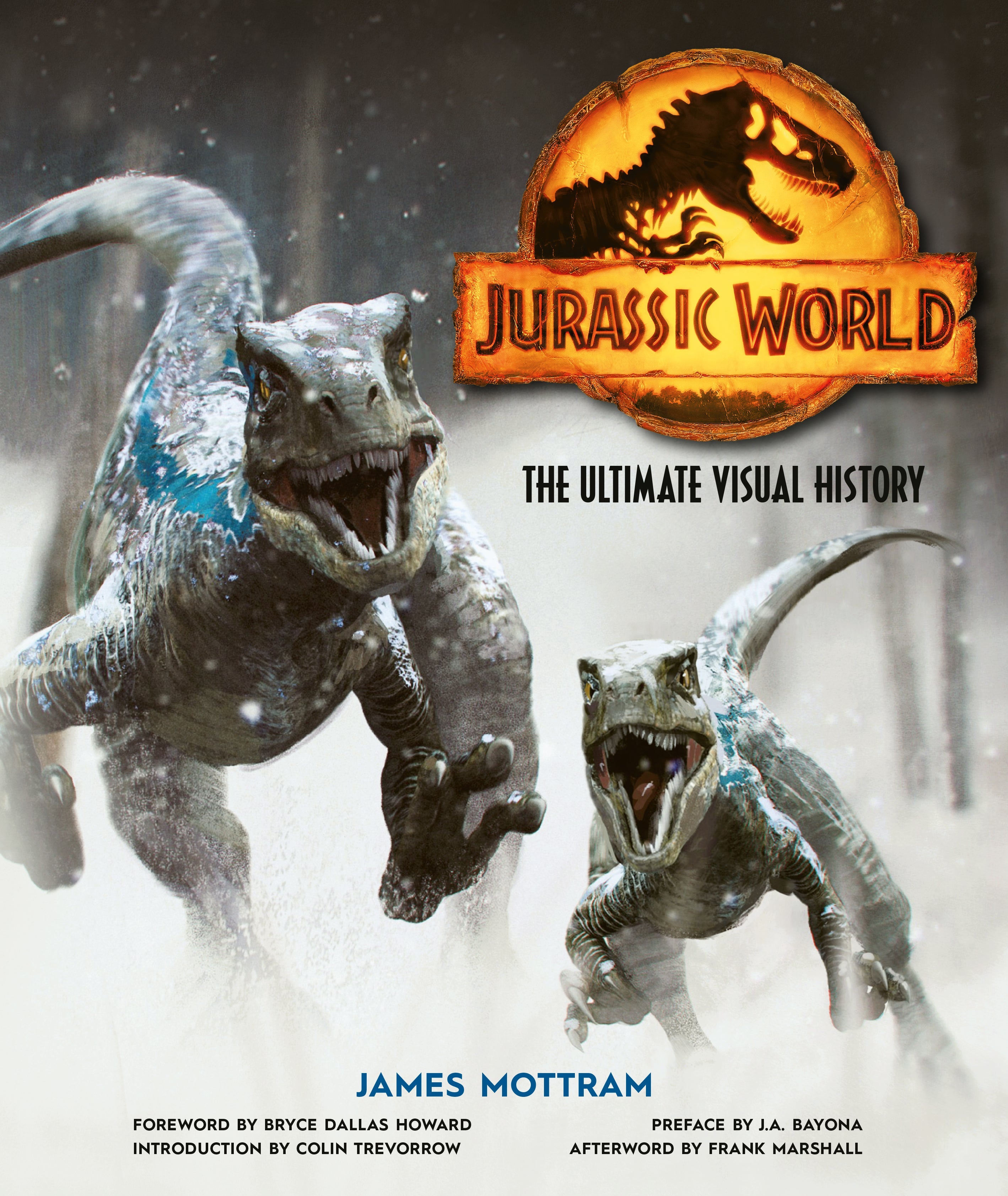 Hardcover book titled Jurassic World: The Ultimate Visual History by Insight Editions, featuring detailed dinosaur and film imagery.