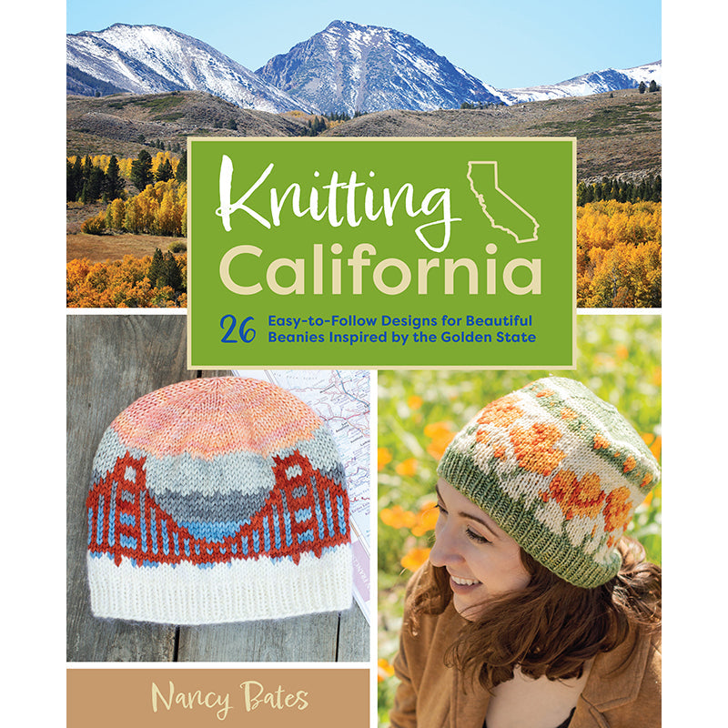 Hardcover book titled "Knitting California" by Insight Editions featuring colorful knitting patterns and scenic California designs.