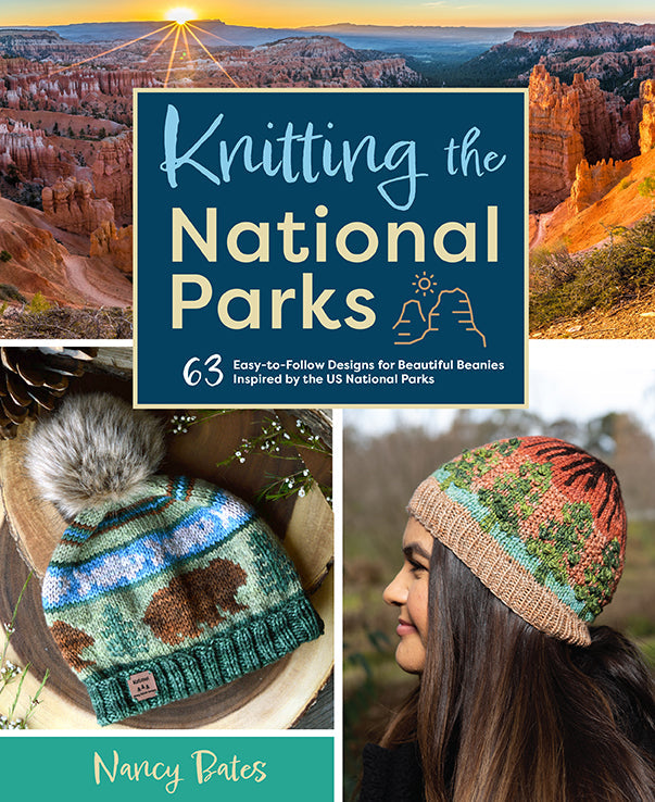 Hardcover book titled "Knitting the National Parks" by Insight Editions, featuring colorful illustrations of national parks.
