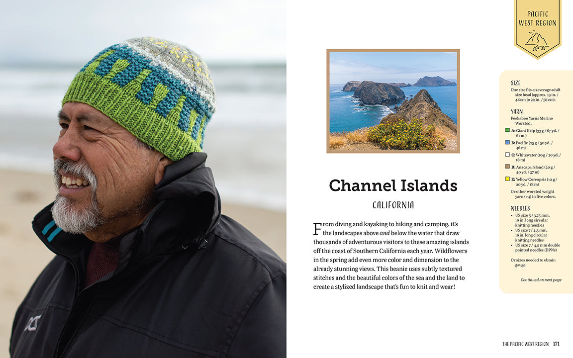 Hardcover book titled "Knitting the National Parks" by Insight Editions, featuring colorful illustrations of national park landscapes.