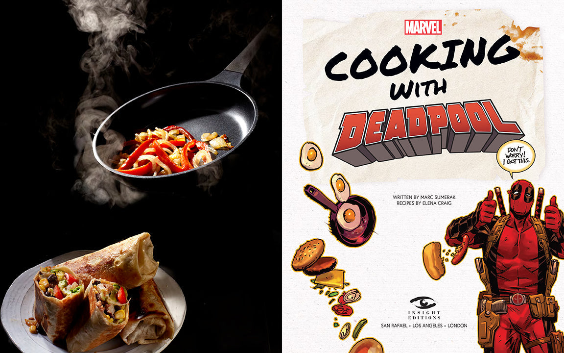 Hardcover Marvel Comics: Cooking with Deadpool book by Insight Editions featuring Deadpool-themed recipes and illustrations.
