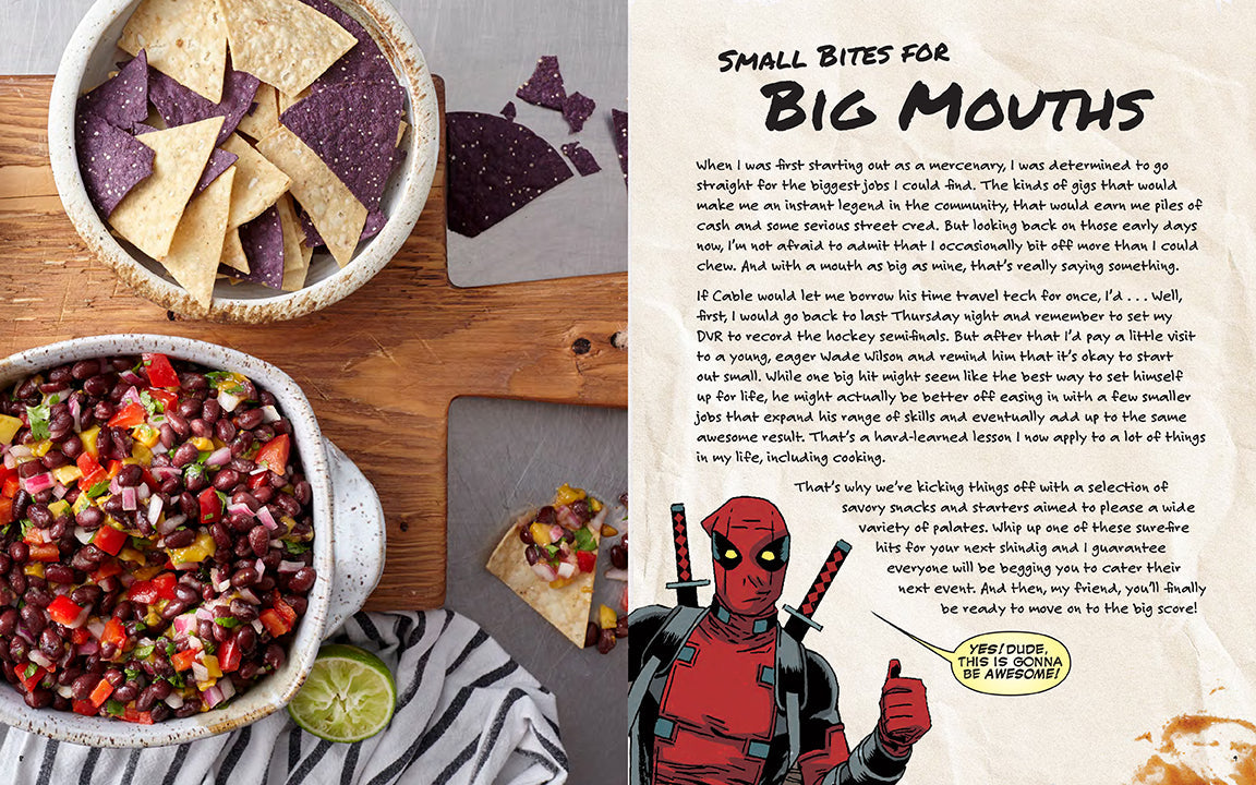 Hardcover edition of Marvel Comics: Cooking with Deadpool by Insight Editions, featuring Deadpool-themed illustrations and recipes.