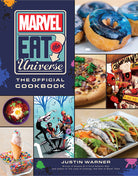 Hardcover Marvel Eat the Universe cookbook by Insight Editions featuring colorful Marvel-themed recipes and vibrant cover art.