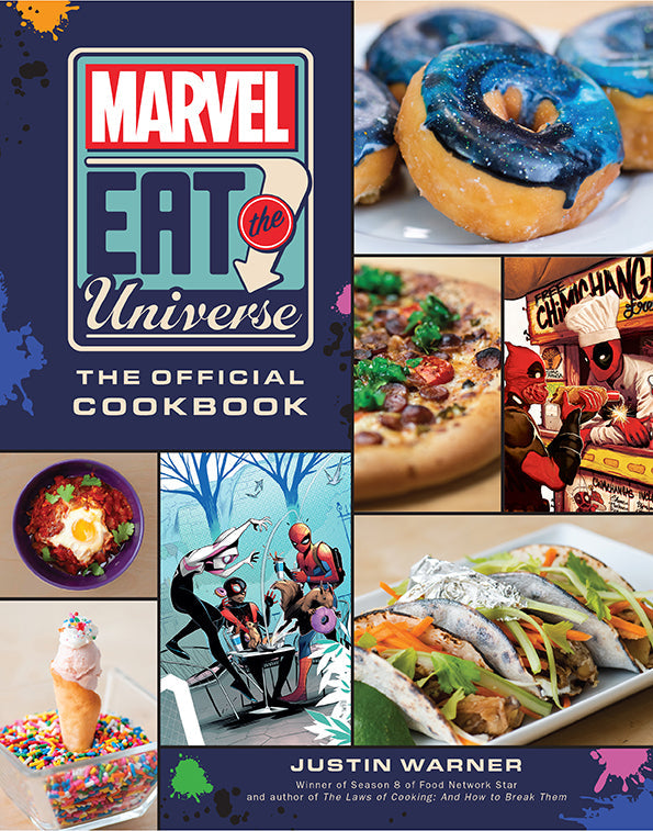 Hardcover Marvel Eat the Universe cookbook by Insight Editions featuring colorful Marvel-themed recipes and vibrant cover art.