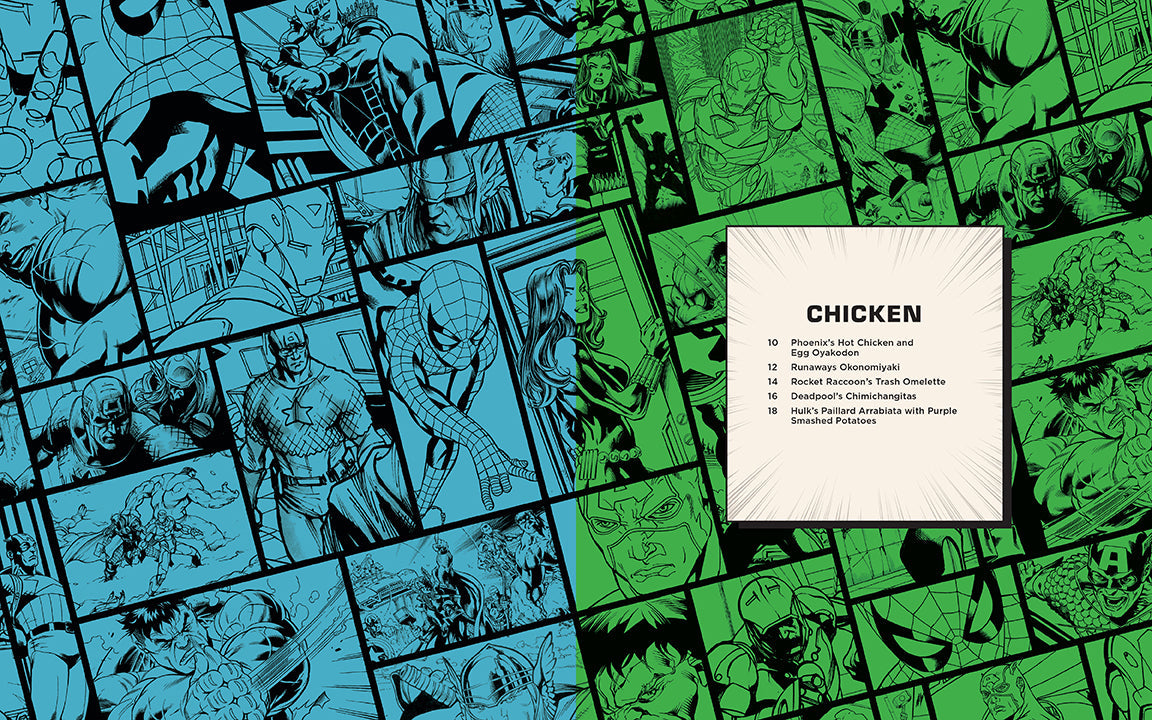 Hardcover Marvel Eat the Universe cookbook by Insight Editions featuring vibrant Marvel themed food illustrations.