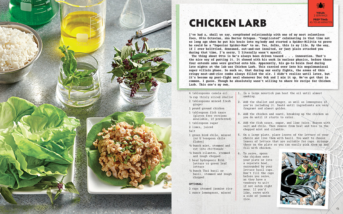 Hardcover Marvel Spider-Man: The Official Cookbook by Insight Editions featuring Spider-Man themed recipes and illustrations.
