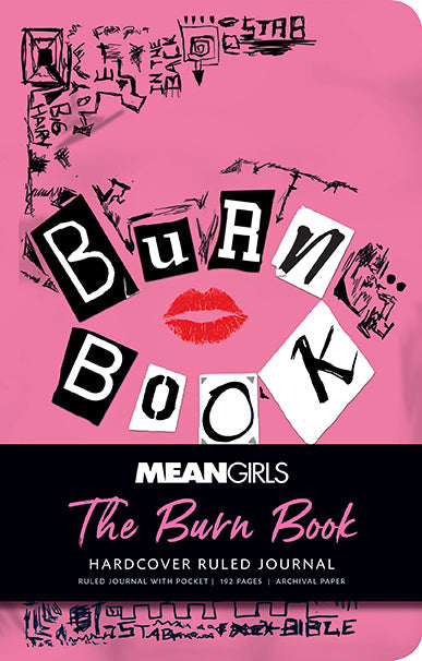 Hardcover Mean Girls Burn Book journal by Insight Editions with ruled pages and a themed cover featuring the iconic burn book design.