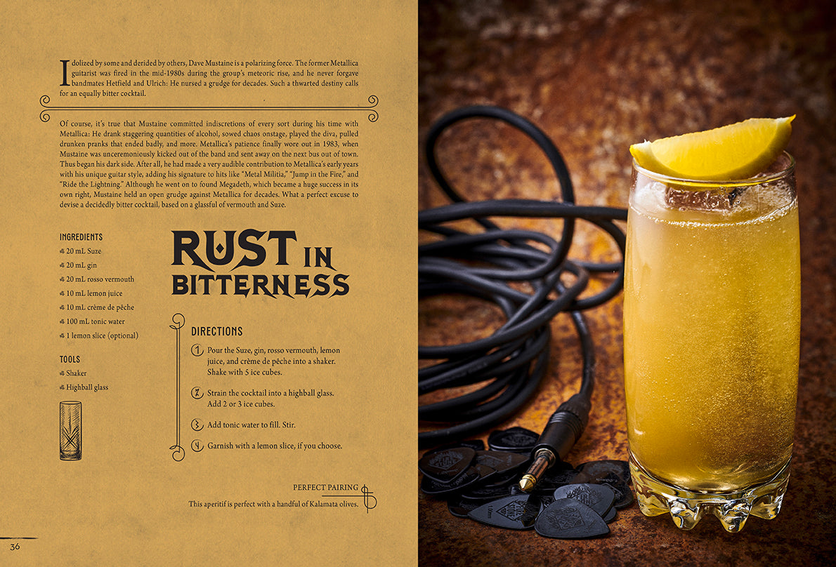 Hardcover book titled "Metal Cocktails" by Insight Editions, featuring metallic-themed cocktail recipes and illustrations.