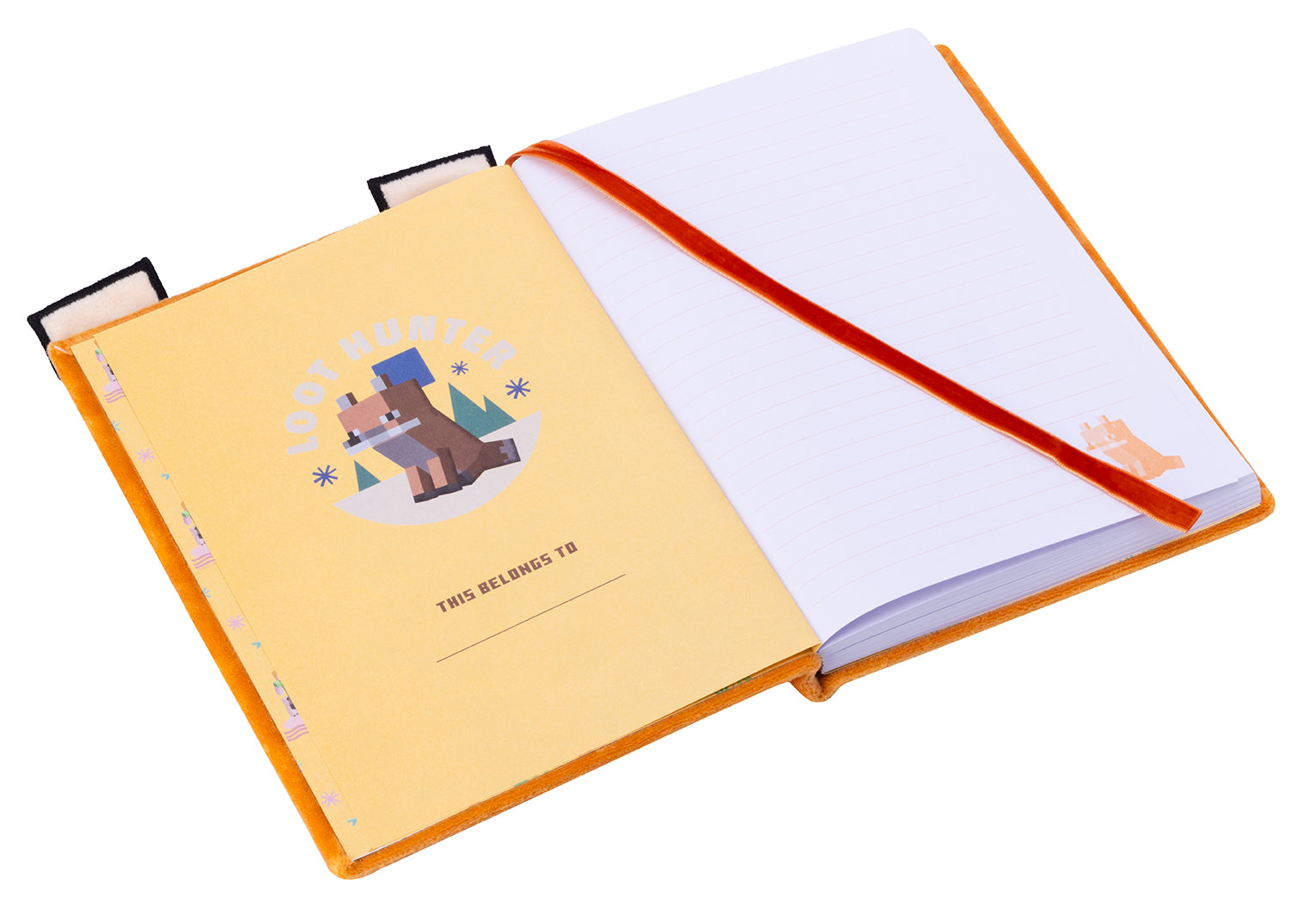 Hardcover Minecraft Fox Plush Journal by Insight Editions with a plush fox cover and lined pages for writing.