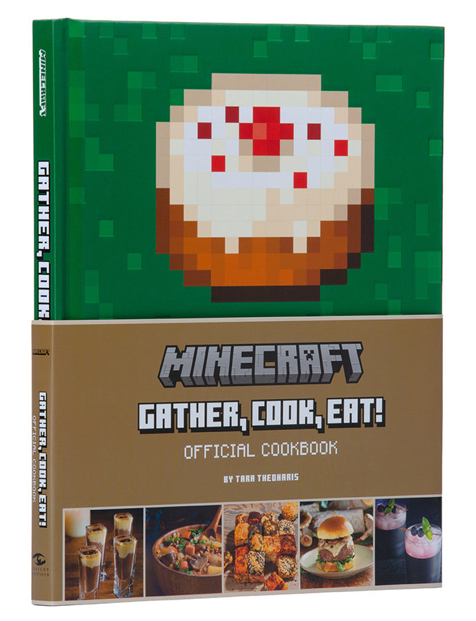 Hardcover Minecraft: Gather, Cook, Eat! Official Cookbook by Insight Editions showing colorful Minecraft-themed pages and recipes.