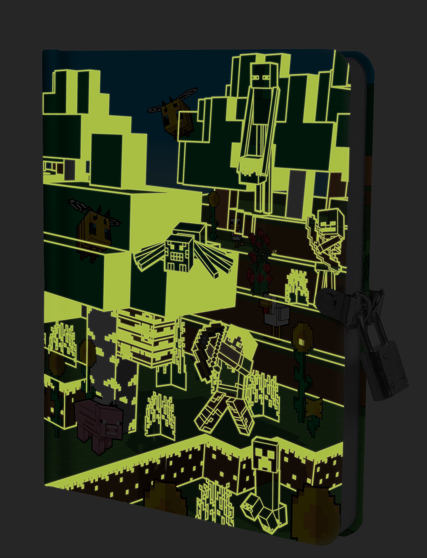 Hardcover Minecraft Mobs glow-in-the-dark lock and key diary with colorful mob illustrations by Insight Editions on the cover.