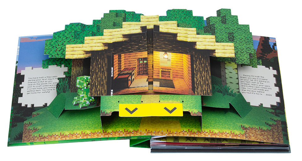 Hardcover copy of Minecraft: The Official Pop-Up book by Insight Editions, featuring colorful Minecraft scenes and 3D pop-up elements.