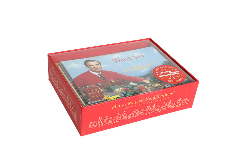 Hardcover box of Mister Rogers' Neighborhood blank note cards by Insight Editions, featuring colorful neighborhood illustrations.