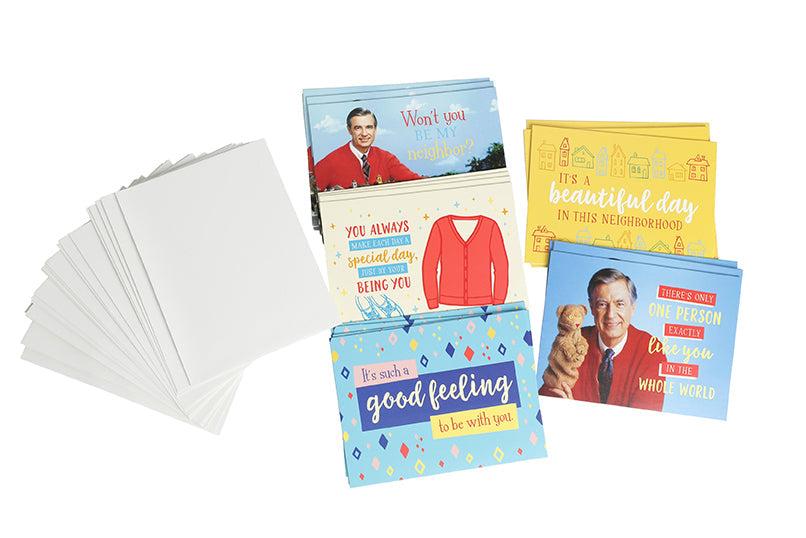 Hardcover box of Mister Rogers' Neighborhood blank note cards by Insight Editions, featuring colorful neighborhood illustrations.