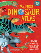Hardcover My First Dinosaur Atlas by Insight Editions showing colorful dinosaur illustrations and detailed maps inside