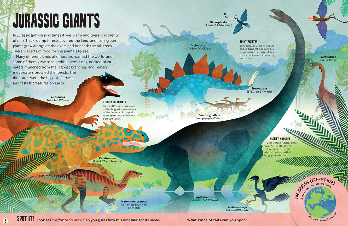 Hardcover My First Dinosaur Atlas by Insight Editions showing colorful dinosaur illustrations and informative pages.