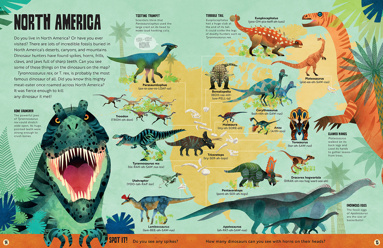 Hardcover My First Dinosaur Atlas by Insight Editions featuring colorful dinosaur illustrations and informative pages.