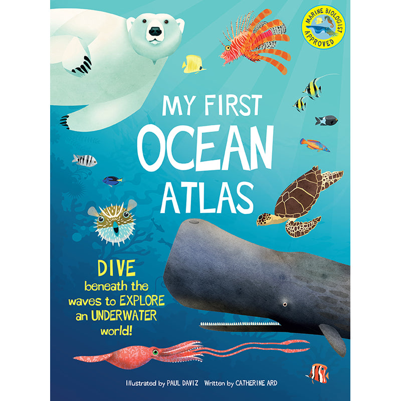 Hardcover My First Oceans Atlas by Insight Editions, featuring colorful underwater scenes and marine life illustrations.