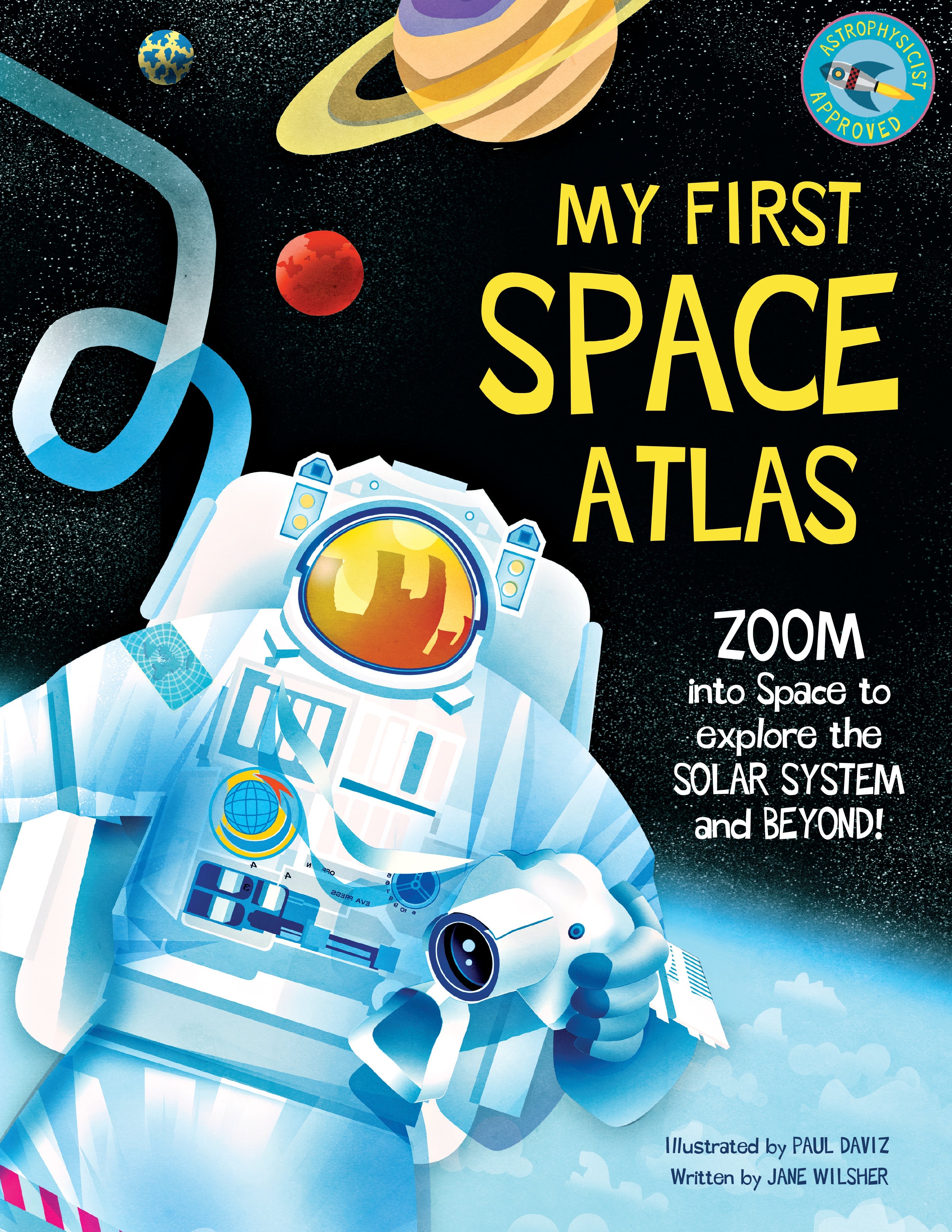 Hardcover "My First Space Atlas" by Insight Editions featuring colorful space-themed illustrations and maps for kids.