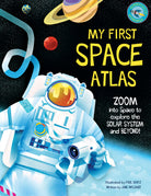 Hardcover "My First Space Atlas" by Insight Editions featuring colorful space-themed illustrations and maps for kids.