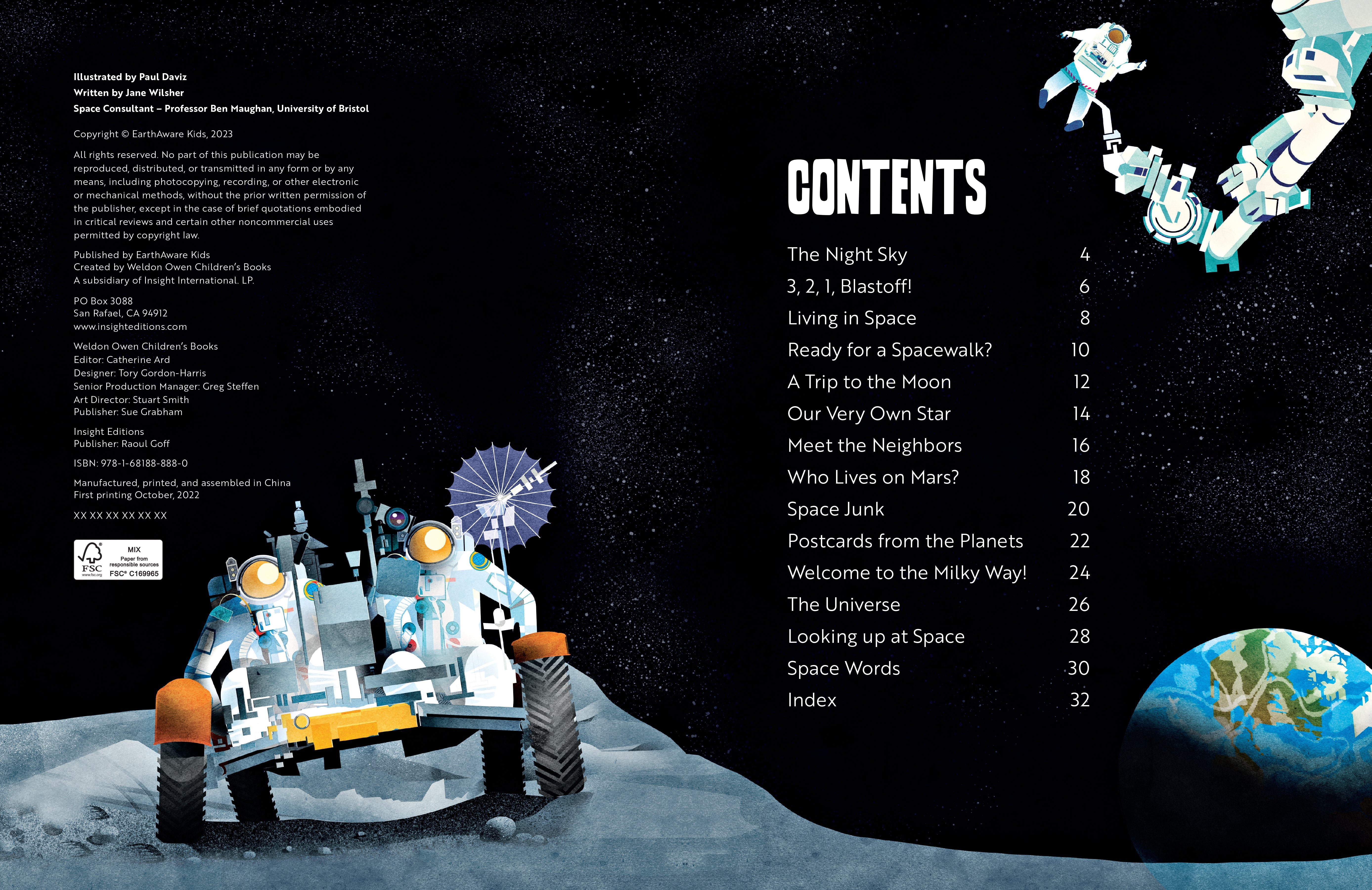 Hardcover My First Space Atlas by Insight Editions showing colorful space illustrations and planet diagrams inside.