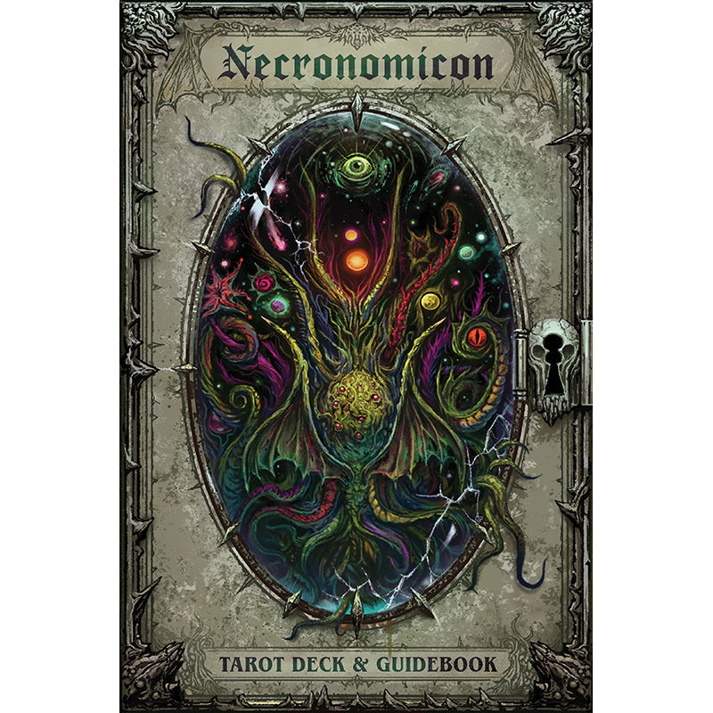 Hardcover Necronomicon Tarot Deck and Guidebook by Insight Editions, featuring dark mystical artwork and detailed tarot card illustrations.