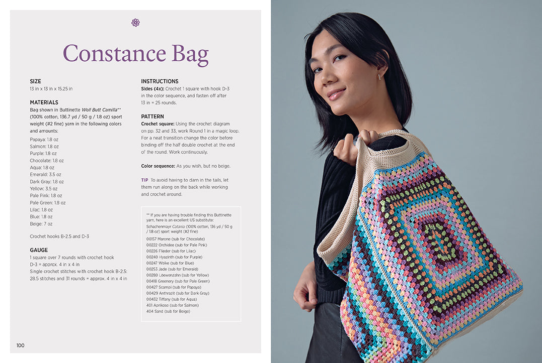 Hardcover book titled "Not Your Granny's Granny Squares" by Insight Editions featuring colorful crochet square patterns.