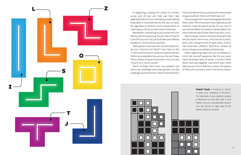 Hardcover book titled "Organizing with Tetris" by Insight Editions, featuring colorful Tetris-themed cover art and design.