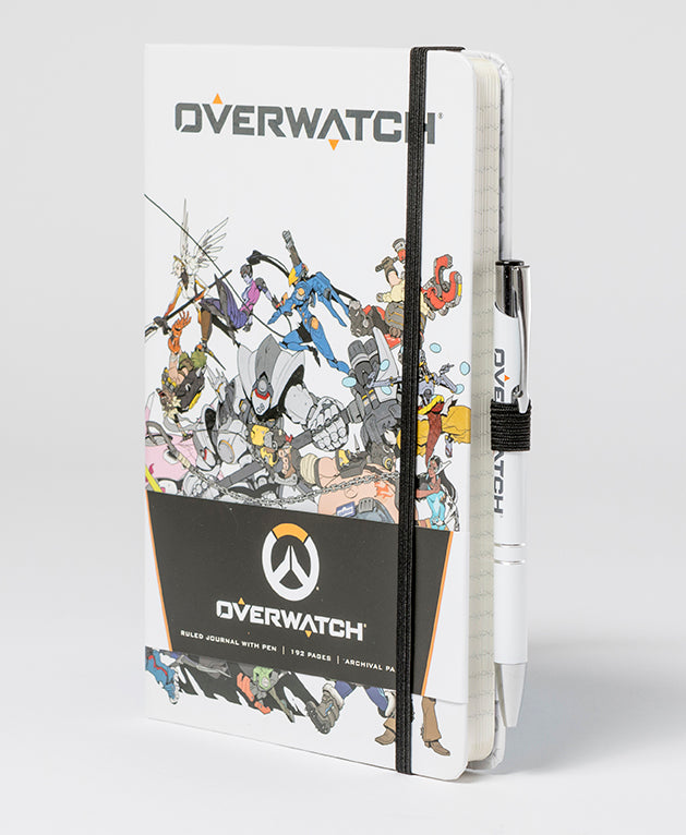 Hardcover Overwatch journal with ruled pages and matching pen by Insight Editions, featuring Overwatch-themed cover design.