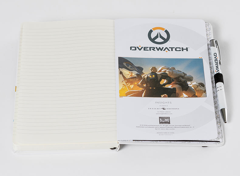 Overwatch hardcover ruled journal with pen by Insight Editions, featuring themed cover design and lined pages for writing.