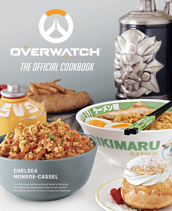 Hardcover of Overwatch: The Official Cookbook by Insight Editions, featuring colorful food illustrations and recipe pages.