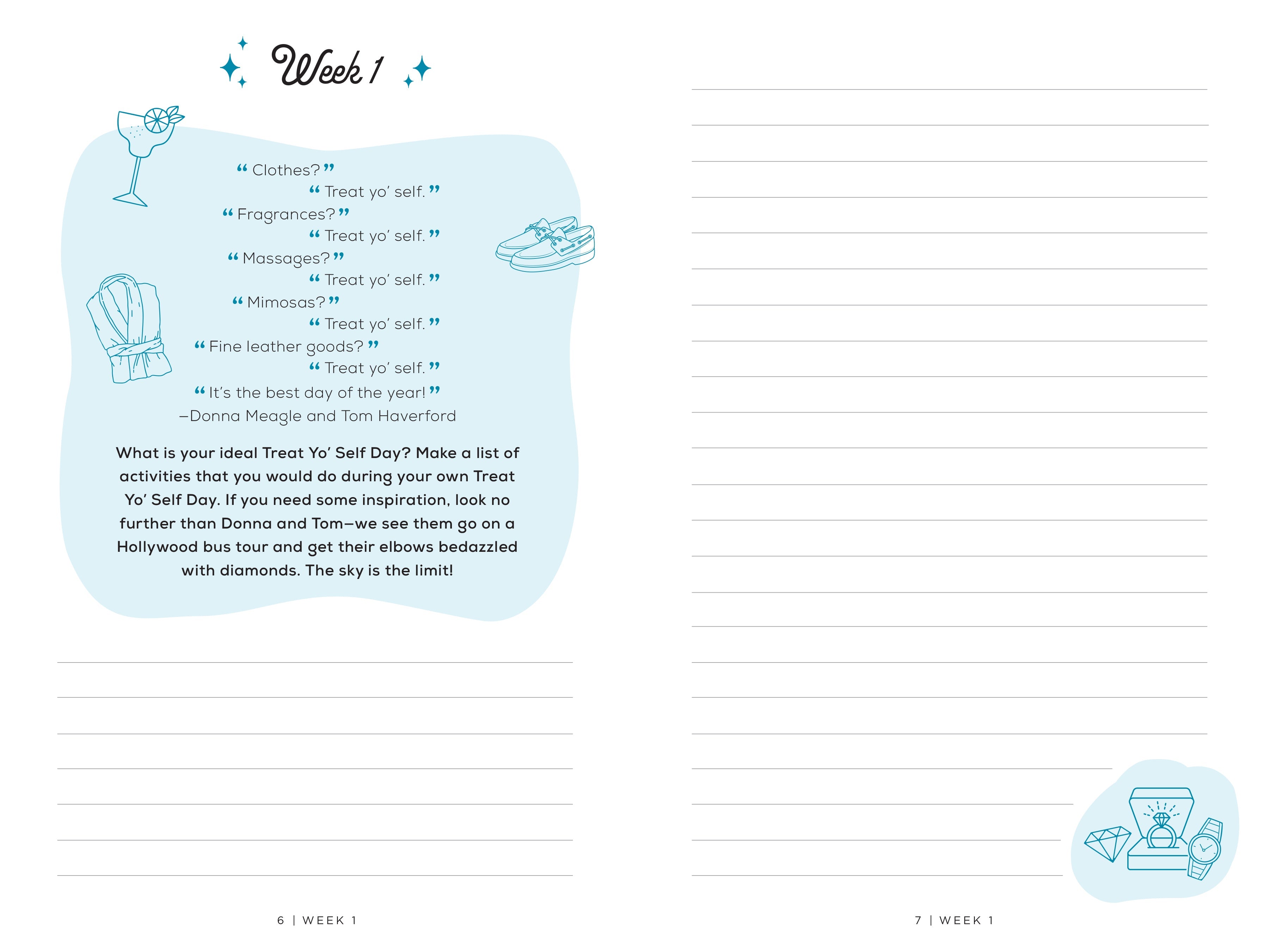 Hardcover "Treat Yo' Self" guided journal from Parks and Recreation by Insight Editions, featuring colorful cover design.