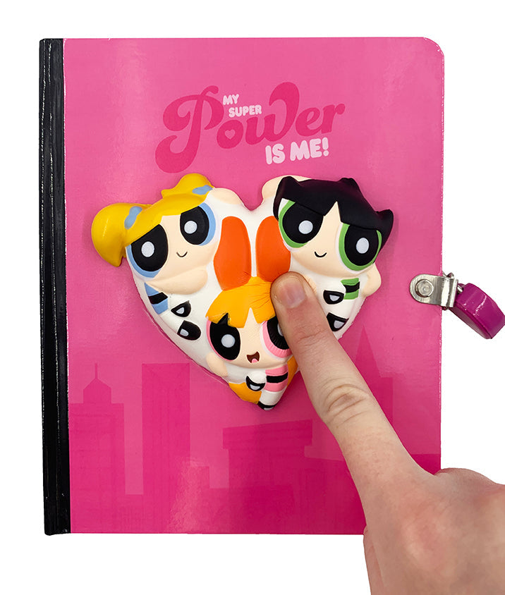 Hardcover Powerpuff Girls Squishy Lock & Key Diary by Insight Editions with colorful cartoon cover and lock mechanism.