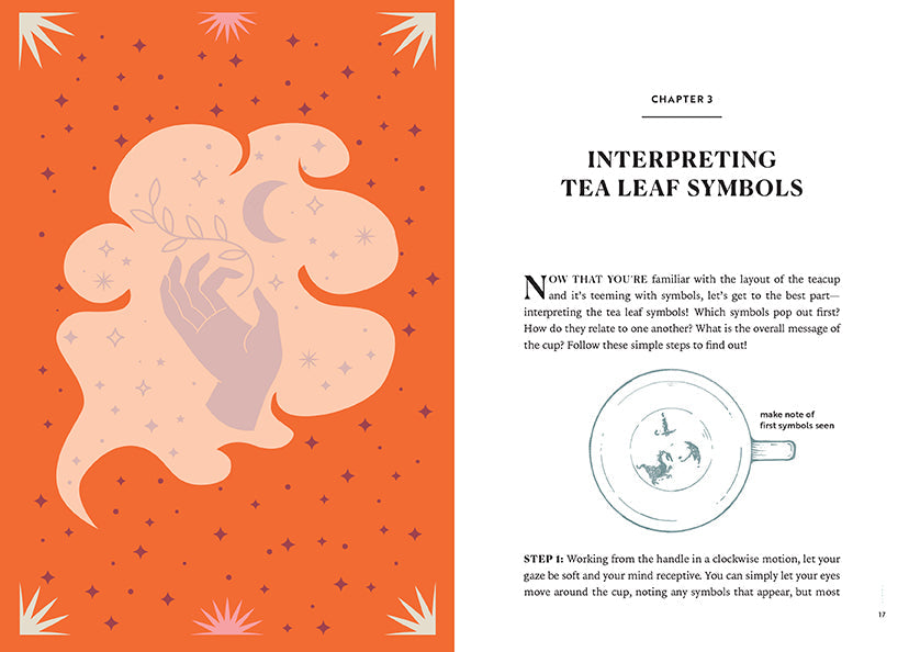 Hardcover book titled "Reading Tea Leaves" by Insight Editions, showing the book cover with intricate tea leaf illustrations.