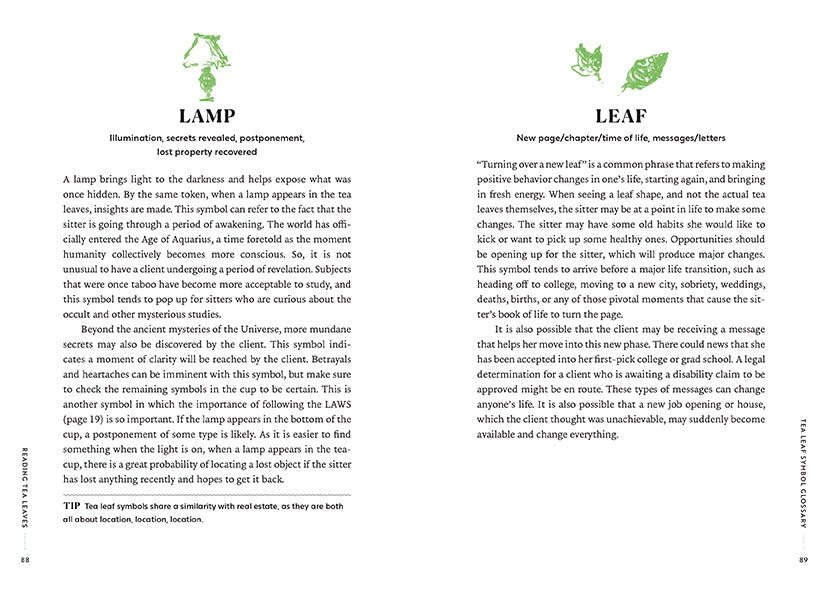 Hardcover book titled "Reading Tea Leaves" by Insight Editions, featuring a cover image with tea leaves and mystical symbols.