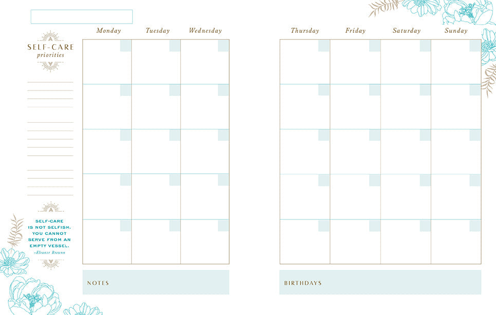 Hardcover Insight Editions Self-Care 12-Month Undated Planner with motivational pages and calendar sections.
