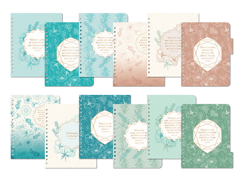 Hardcover Insight Editions Self-Care 12-Month Undated Planner with colorful interior pages and motivational quotes.