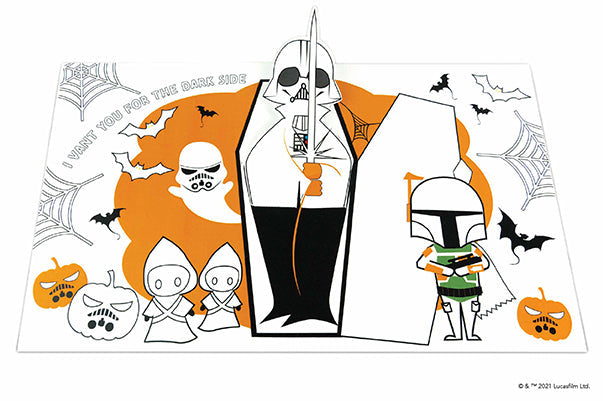 Interior view of the hardcover Star Wars: Make Your Own Pop-Up Book featuring Ghoul-actic Halloween scenes and detailed paper pop-ups.