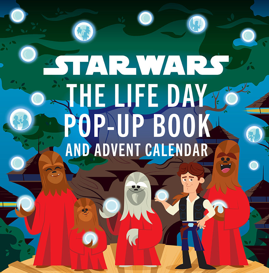 Hardcover Star Wars Life Day Pop-Up Book and Advent Calendar by Insight Editions showing festive pop-up scenes and holiday-themed pages.