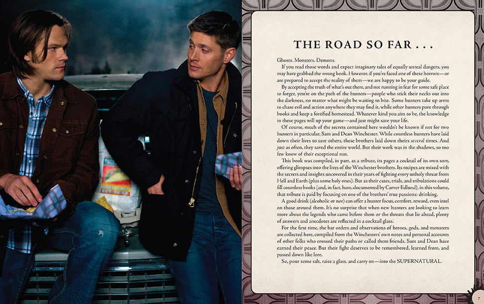 Inside view of the hardcover Supernatural: The Official Cocktail Book by Insight Editions, showing pages with cocktail recipes and illustrations.