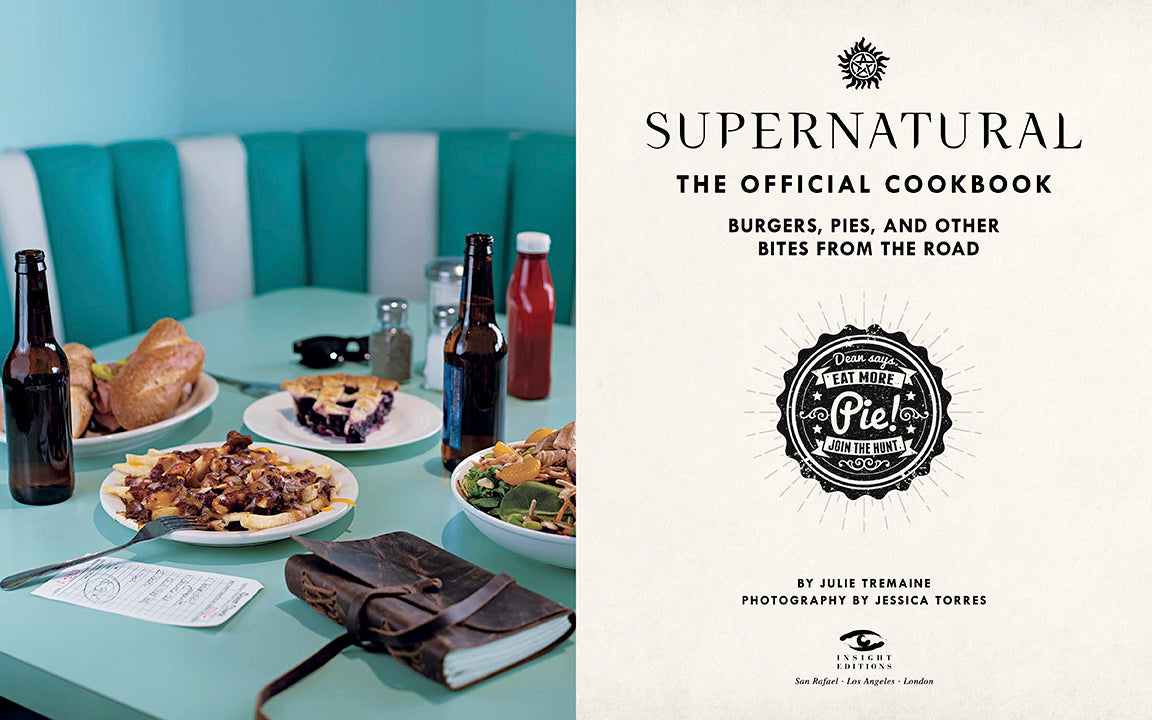 Interior of "Supernatural: The Official Cookbook" hardcover with recipe pages and themed illustrations by Insight Editions.