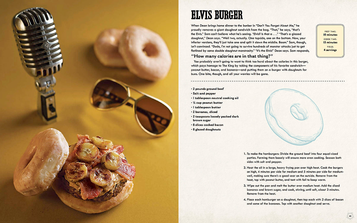 Open hardcover of Supernatural: The Official Cookbook by Insight Editions, featuring colorful illustrated recipes inside.