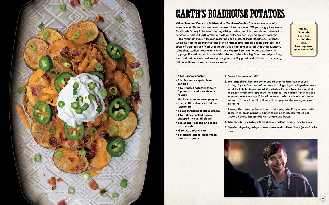 Inside view of the hardcover Supernatural: The Official Cookbook by Insight Editions, showing recipe pages and themed illustrations.