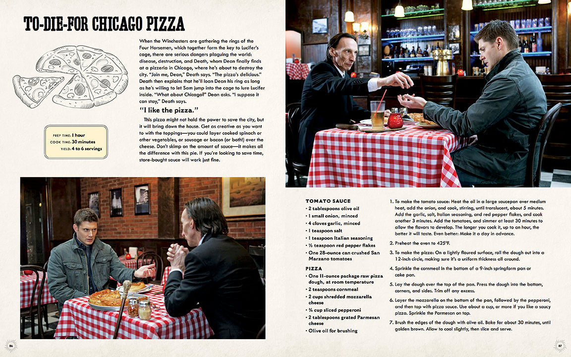 Inside view of the hardcover Supernatural: The Official Cookbook by Insight Editions, featuring recipe pages and thematic illustrations.