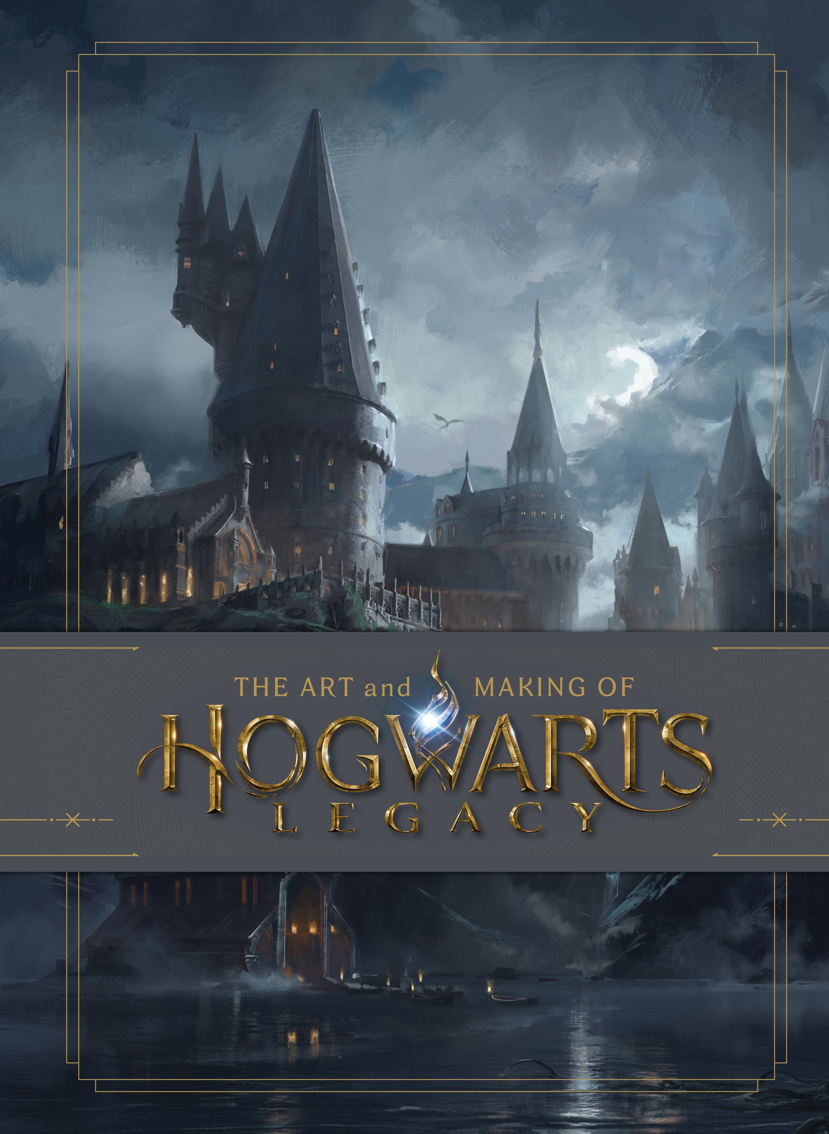 Hardcover book titled "The Art and Making of Hogwarts Legacy" by Insight Editions, featuring cover art and design details.